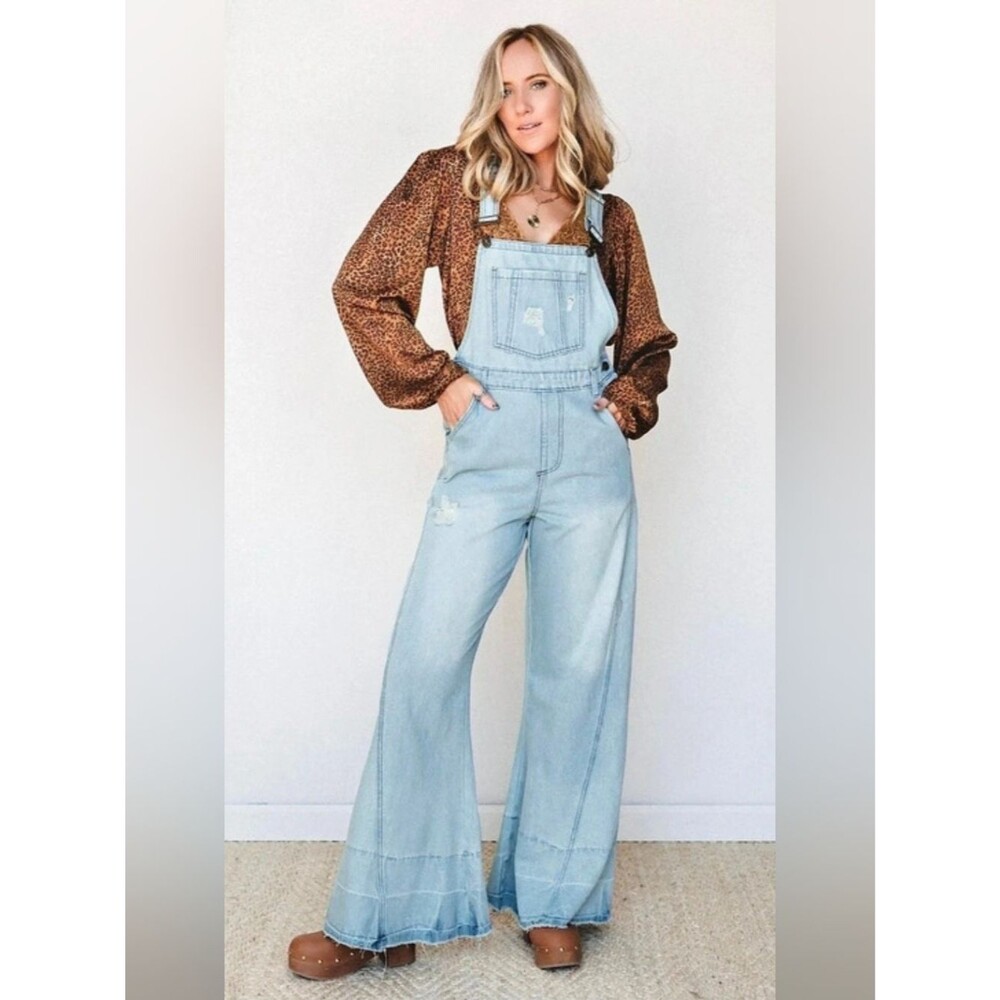 NWT Aaron & Amber Wide Flare Overalls Denim Cotton Overalls Size L 4167-